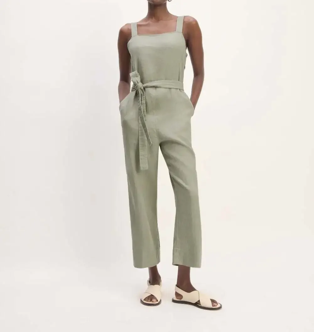 Everlane Women's 6 Sage Green The Linen Side Button Jumpsuit Belted Summer